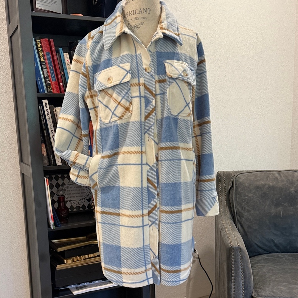 Thread & Supply Blue and Cream Plaid Teddy Jacket